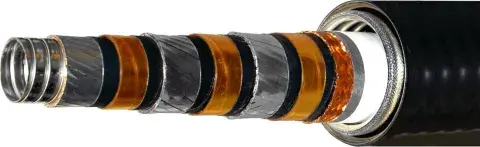 Image depicts a cross-section of the cable design used in the REG system. On the left, the hollow former is the innermost part of the cable. Moving to the right, there are alternating silver- and copper-colored rings. The copper-colored rings represent layers of dielectric and HTS tape around the cable. To the right is a shield, and all of this is enclosed by the cryostat shown on the right side of the cable diagram.