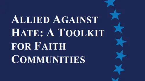 White text on a dark blue background that reads "Allied Against Hate: A Toolkit for Faith Communities". A series of lighter blue stars appear in an arc from top to bottom.