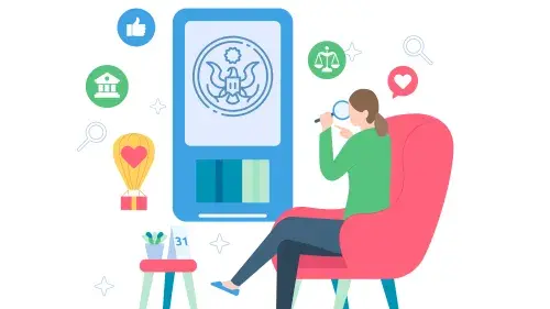 Illustration of a person sitting in a chair looking through a magnifying glass looking at the DHS symbol depicting understanding CX. 