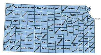 Map of Kansas with boundaries for and names of each county displayed