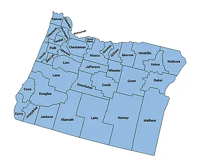 Map of Oregon with boundaries for and names of each county displayed