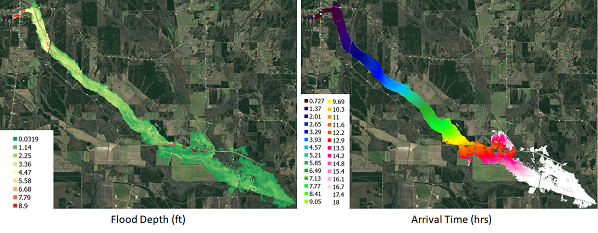Dam-break flood maps for Mantee Lake Dam in Mississippi computed using DSS-WISE™ Lite show flood depth (left) and arrival time (right). By Dr. Mustafa Altinakar