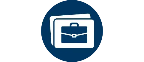 Dark blue circle icon with a brief case in the middle to represent private industry