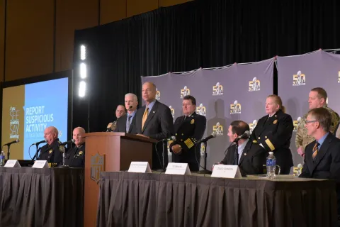 Secretary Johnson participates in a joint media availability with the NFL to discuss ongoing security efforts for Super Bowl 50.