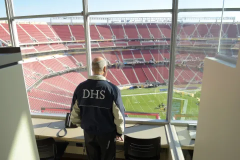 Secretary Johnson looks out over Levi’s Stadium, where security preparations are ongoing for Super Bowl 50.