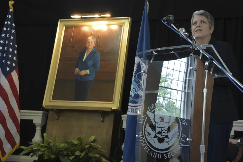 Former Secretary Janet Napolitano delivers remarks at the official portrait unveiling ceremony.