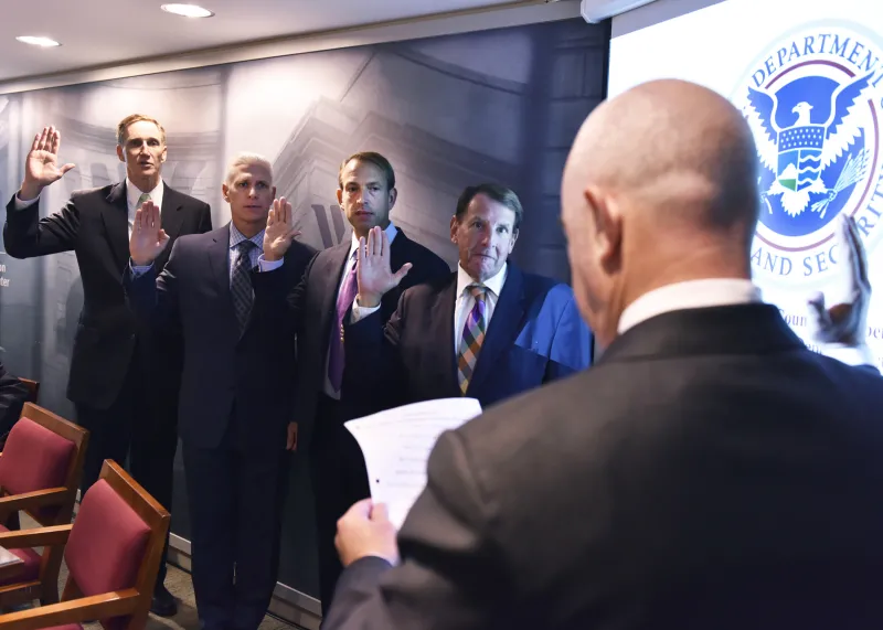 Deputy Secretary of Homeland Security Alejandro Mayorkas swears in the newest members to the Homeland Security Advisory Council in Washington, D.C., Tuesday, Sept. 29, 2015. The new members include (from left to right) former TSA Administrator John Pistole, National Football League Senior Vice President and Chief Security Officer Jeffrey Miller, Emerson Collective Managing Director of Immigration Marshall Fitz, and Robert Rose Consulting LLC President Robert Rose.