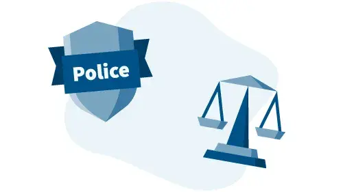 Police badge and justice scale