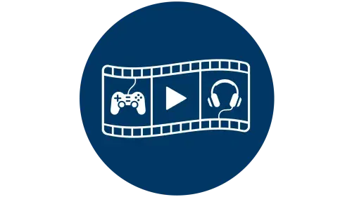 Dark blue circle icon featuring a three-section movie film reel. The left section has a gaming controller. The right section has a gaming headset, and the middle section shows a play button.
