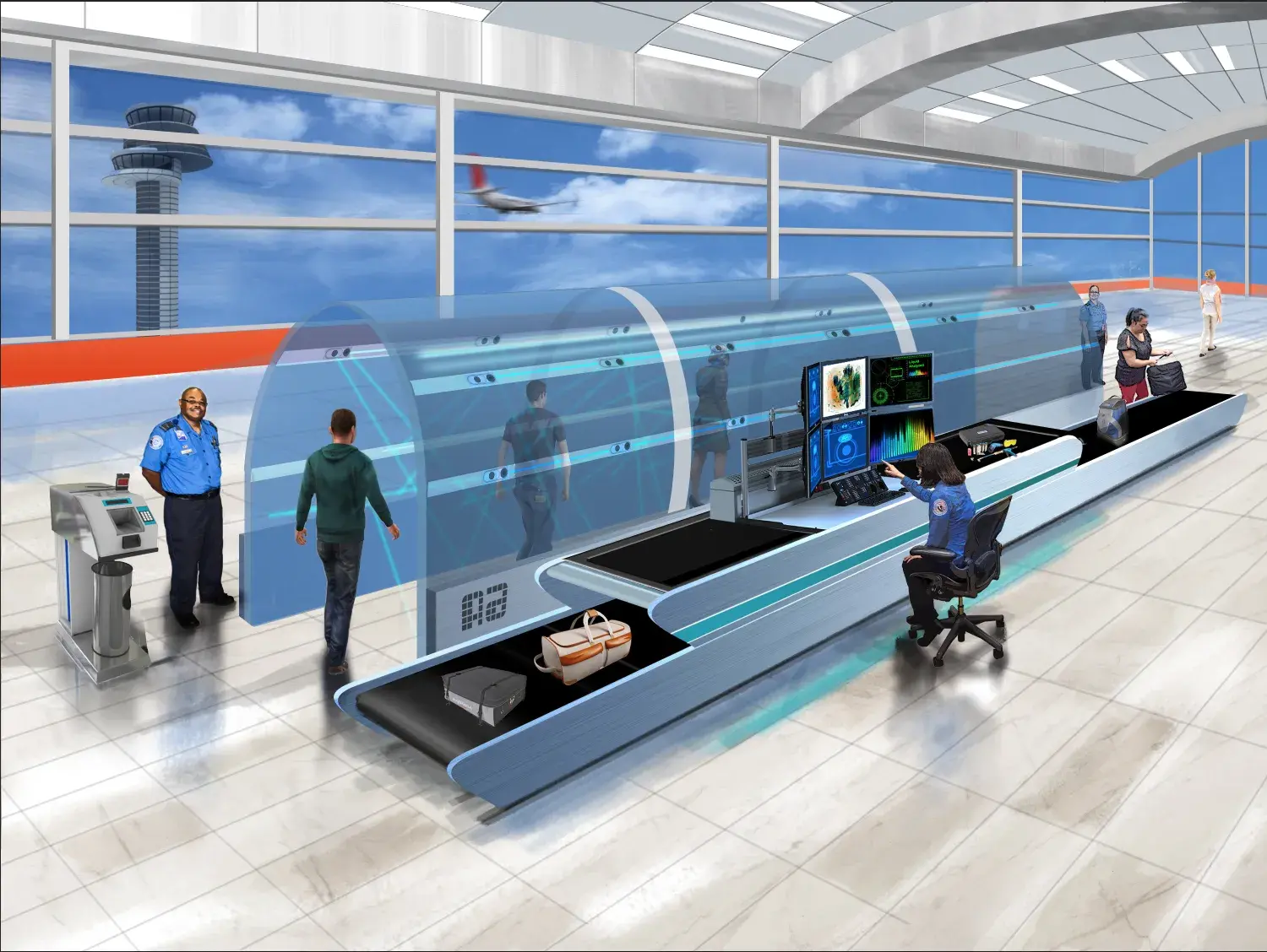 Graphic rendition of airport check point in the future.
