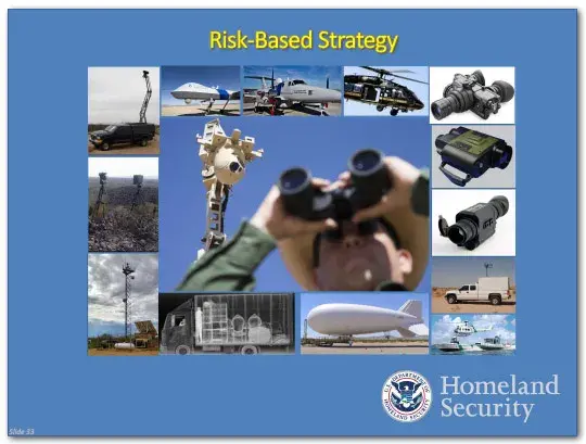 Risk-Based Strategy slide: Shows photos of various vehicles, tools and resources used by DHS to protect the border