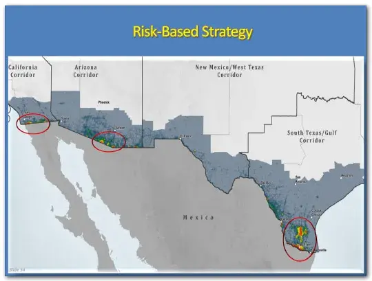 Risk-Based Strategy slide: Shows a heat map of the southwest border with hot spots circled by red circles. One is in Southeast Texas, one is on the Arizona border, and one is on the California border