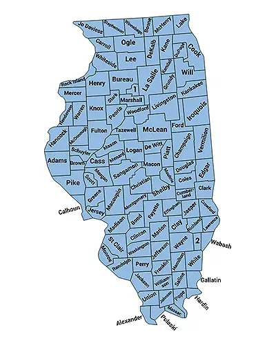 Map of Illinois with boundaries for and names of each county displayed