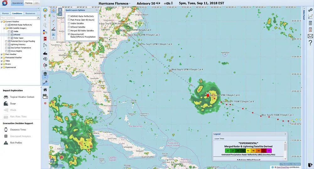 Screenshot of HURREVAC application during hurricane Florence