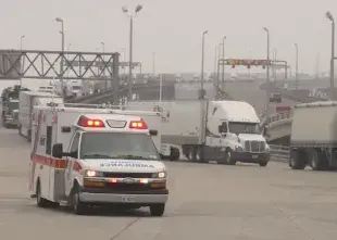 An ambulance crosses the Blue Water Bridge during scenario 1 of the CAUSE IV experiment.