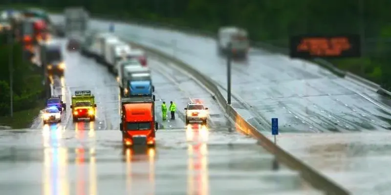 First responders direct traffic on a flooded highway.