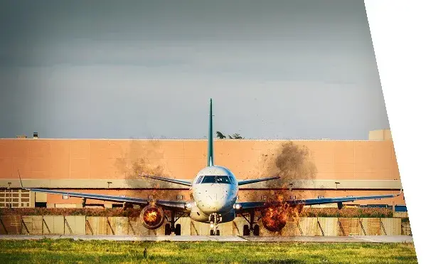 An airplane with the engines on fire
