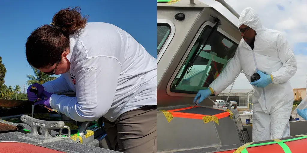 During the decontamination demonstration, participants contaminate (inoculate) different surfaces on the boat with anthrax-like benign spores (left) and then take samples before and after each decontamination round (right).