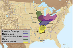 NISAC projections of geospatial extent of disruption to natural gas, transportation fuel, electric power, and corn infrastructure due to a hypothetical earthquake in the New Madrid Seismic Zone.