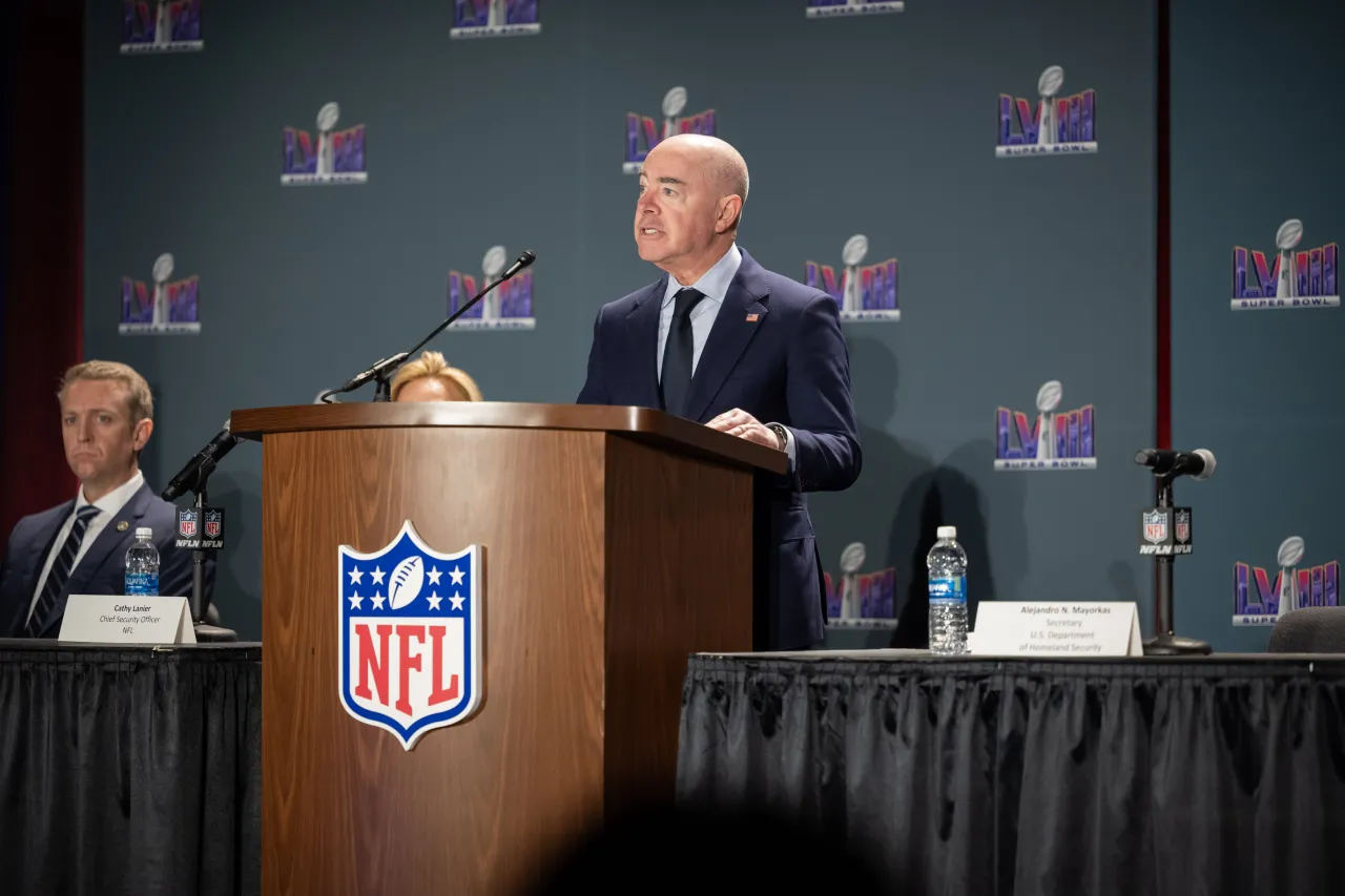 Image: DHS Secretary Alejandro Mayorkas Delivers Remarks at Super Bowl Press Conference (073)