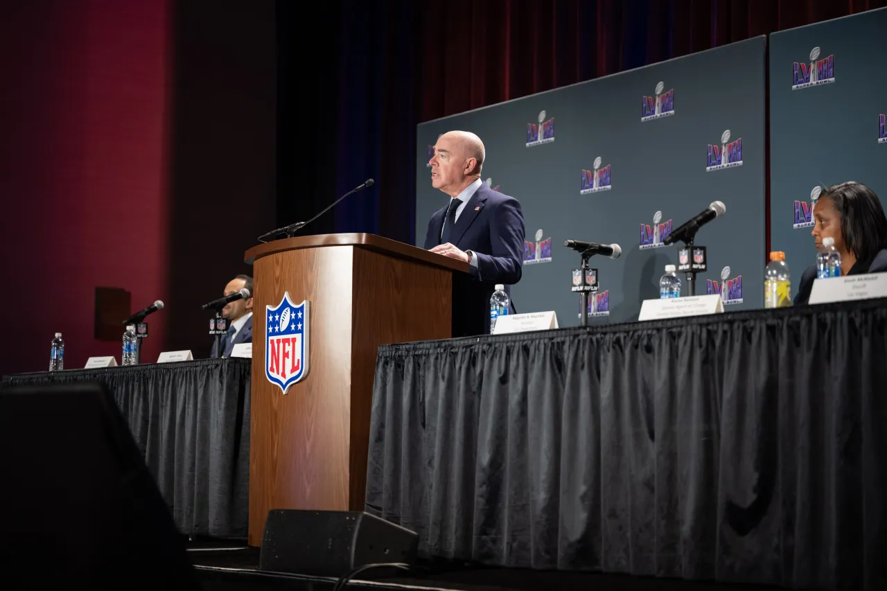 Image: DHS Secretary Alejandro Mayorkas Delivers Remarks at Super Bowl Press Conference (075)