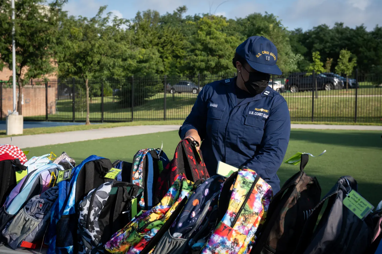 Image: Coast Guard Members Distribute Backpacks at Turner Elementary School (005)