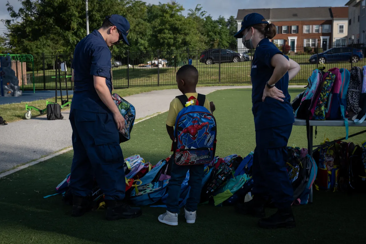 Image: Coast Guard Members Distribute Backpacks at Turner Elementary School (006)