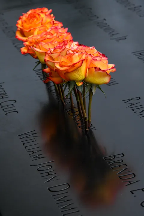 Image: Flowers at 9/11 Fountain Memorial