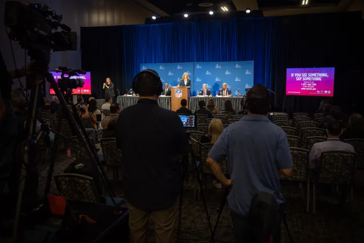 Image: Super Bowl LVII Secretary of Homeland Security Alejandro N. Mayorkas at Press Conference with Chief Cathy Lanier and other partners Feb 7, 2023