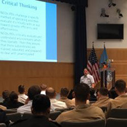 Chief Petty Officer Brynn Simonetti teaches a leadership course to over 700 junior enlisted members from all five services at the 2018 NCO Joint Leadership Conference, May 1, 2018, at the National Defense University on Fort McNair.