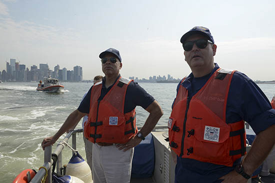 Secretary of Homeland Security Jeh Johnson and Capt. Michael Day, Commander Coast Guard Sector New York, take a tour of New York Harbor aboard 45-foot Response Boat. The U.S. Coast Guard safeguards our nation’s waterways and protects our interests around the world.