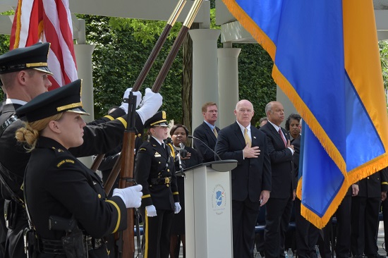 U.S. Secret Service Director Joseph P. Clancy and Secretary of Homeland Security Jeh C. Johnson pause to reflect on the heroic actions of our Secret Service men and women lost in the line of duty