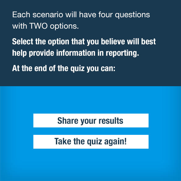 Each scenario will have four questions with two options. Select the option that you believe will best help provide information in reporting. At the end of the quiz you can: share your results or take the quiz again!