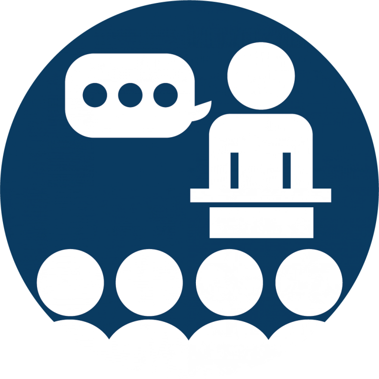 General awareness icon that features a person speaking in front of a crowd.