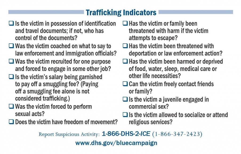 Trafficking Indicators. Is the victim in possession of identification and travel documents; if no, who has control of the documents? Was the victim coached on what to say to law enforcement and immigration officials? Was the victim recruited for one purpose and forced to engage in some other job?Is the victim's salary being garnished to pay off a smuggling fee? (Paying off a smuggling fee alone is not considered trafficking.) Was the victim forced to perform sexual acts? Does the victim have freedom of movement? Has the victim or family been threatened with harm if the victim attempts to escape? Has the victim been threatened with deportation or law enforcement action? Has the victim been harmed or deprived of food, water, sleep, medical care or other life necessities? Can the victim freely contact friends or family? Is the victim a juvenile engaged in commercial sex? Is the victim allowed to socialize or attend religious services? Report Suspicious Activity 1-866-DHS-2-ICE (1-866-347-2423) www.dhs.gov/bluecampaign