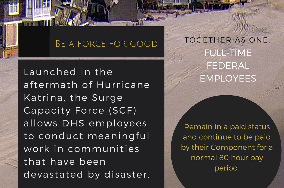 BE A FORCE FOR GOOD - Launched in the aftermath of Hurricane Katrina, the Surge Capacity Force (SCF) allows DHS employees to conduct meaningful work in communities that have been devastated by disaster.  Together as one: full-time federal employees remain in a paid status and continue to be paid by their Component for a normal 80 hour pay period.