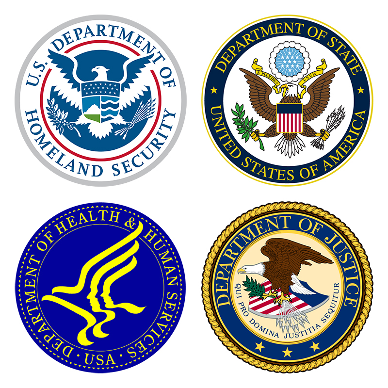Seals of the US Deoartment of Homeland Security, State, Health and Human Services and Justice