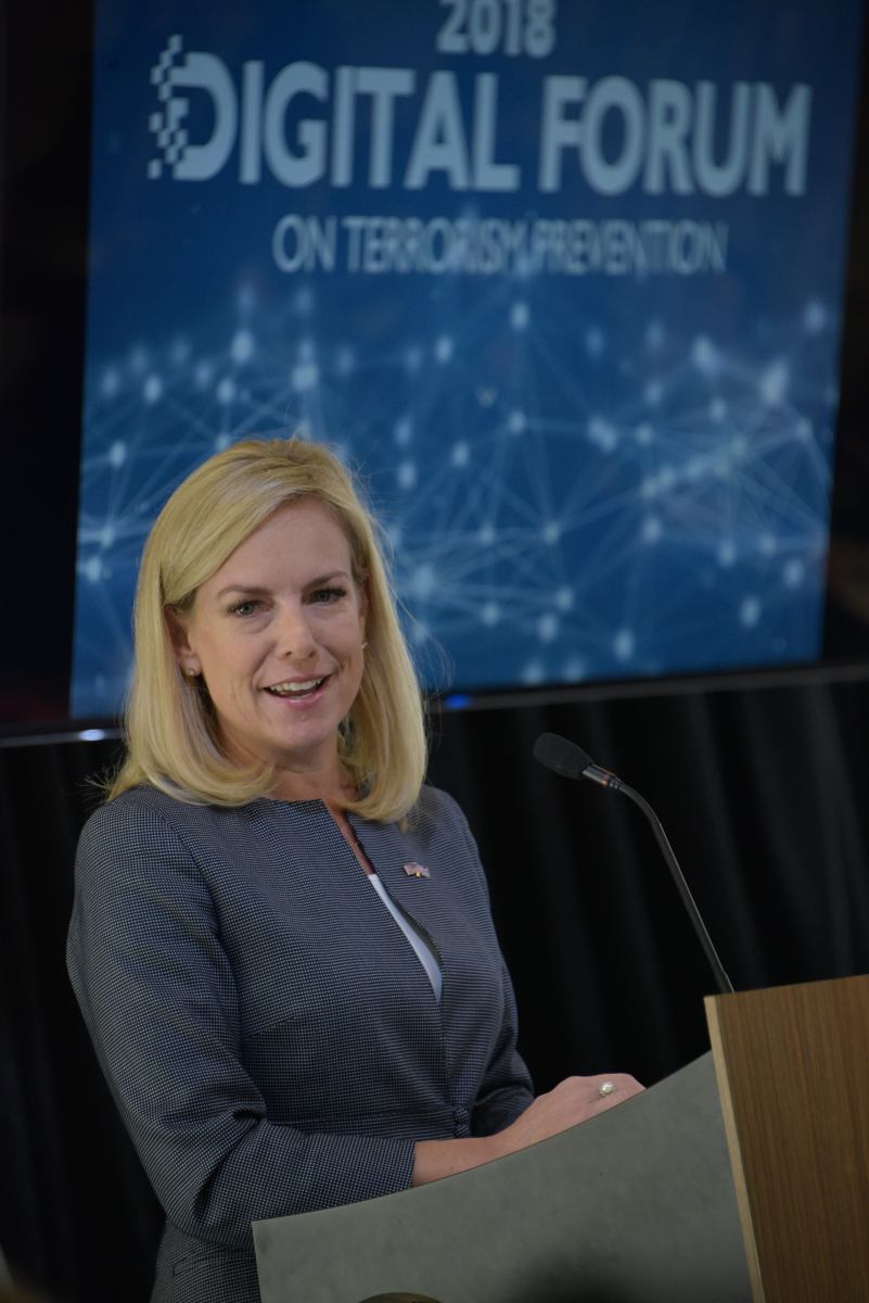 Secretary Nielsen gives a speech at the 2018 Digital Forum on Terrorism Prevention 