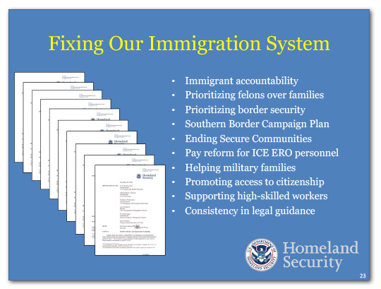 Fixing Our Immigration System: Immigrant accountability, Prioritizing felons over families, Prioritizing border security, Southern Border Campaign Plan, Ending Secure Communities, Pay reform for ICE ERO personnel, Helping military families, Promoting access to citizenship, Supporting high-skilled workers, Consistency in legal guidance.