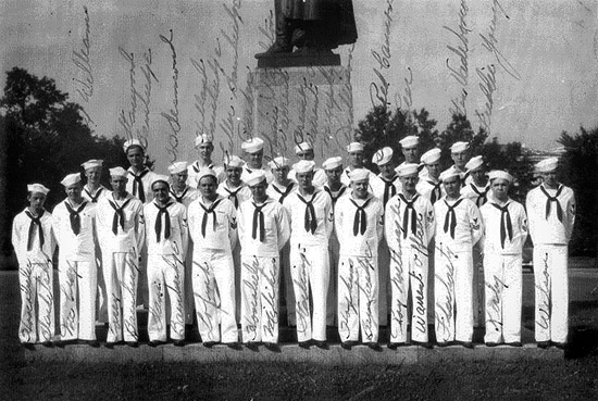 1944 Naval Men stationed at the Naval Communications Annex; 1944 Photo photo taken of Naval Men stationed at the Naval Communications Annex in front of Artemas Ward Memorial at Ward Circle, Nebraska and Massachusetts Avenues. (Robert H. Davis)