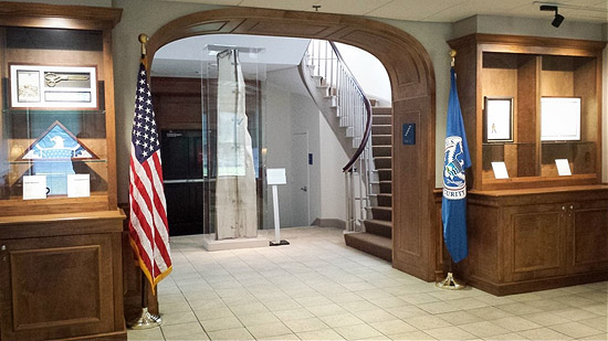 An exhibit of artifacts related to the founding of Homeland Security was installed in the NAC 1 lobby in 2013 to commemorate the 10th Anniversary of DHS’s move to the NAC.