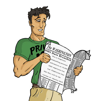 Privacy Man holding a newspaper with a concerned look on his face