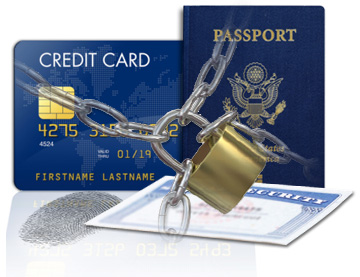A collage of a passport, social security card, credit card, and fingerprint with a padlocked chain wrapped around it.