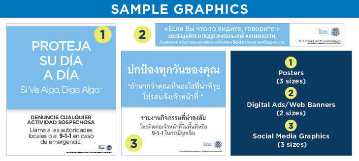 Graphic examples of downloadable pre-developed campaign materials including posters and web banners.