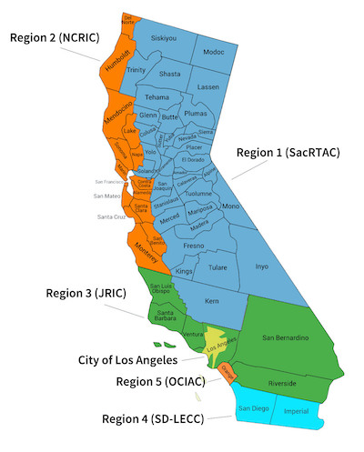 Map of California showing the different counties by Region. Region 1 is represented in blue. Region 2 is represented in orange. Region 3 is represented in green, Region 4 is represented by light blue. Region 5 is represented in light orange. The City of Los Angeles is represented in yellow.