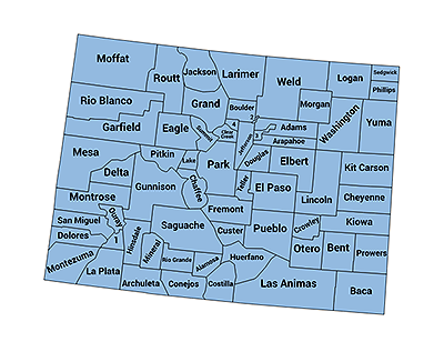 Map of Colorado with boundaries for and names of each county displayed