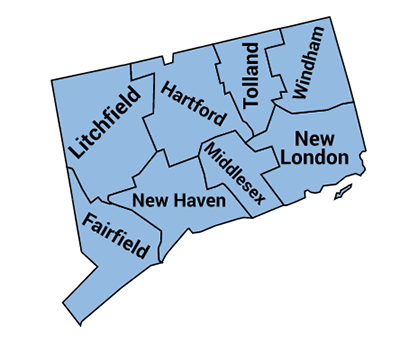 Map of Connecticut with boundaries for and names of each county displayed