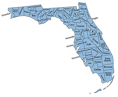 Map of the state of Floriday with borders and names for each county.