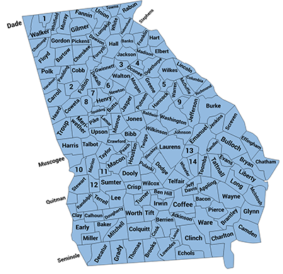 Map of Georgia with borders and names for each of the counties.