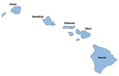 Map of Hawaii with names of each Hawaiian island displayed